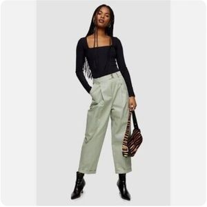 NEW Topshop Charley Chino Cuffed High Rise Pleated Trousers Pants Sage Green